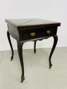 A VICTORIAN MAHOGANY "ENVELOPE" CARD TABLE 56CM. X 56CM.