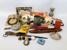 BOX OF ASSORTED COLLECTIBLES TO INCLUDE EPHEMERA, BOXED COFFEE BEAN SPOONS, VINTAGE CAMEO BROOCH,