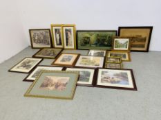 A GROUP OF EIGHTEEN ASSORTED FRAMED PRINTS TO INCLUDE CLASSICAL, COLOURED ENGRAVINGS, ETC.