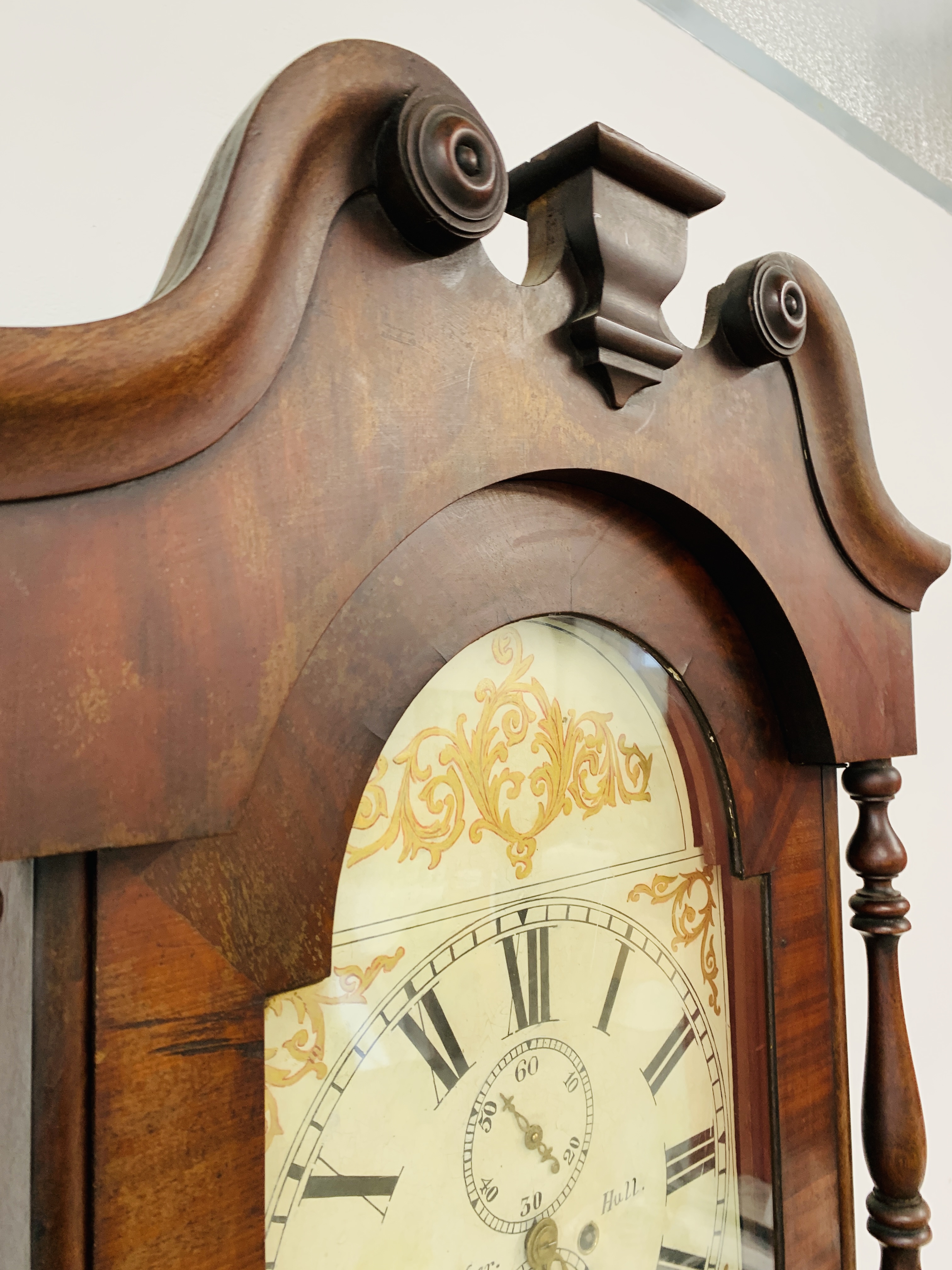 AN ANTIQUE MAHOGANY LONG CASE CLOCK THE HAND PAINTED ARCHED DIAL WITH ROMAN NUMERALS, - Image 10 of 15