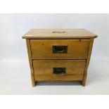 A VINTAGE 2 DRAWER PINE SHOE SHINE WITH VARIOUS POLISHERS AND BRUSHES W 46CM, D 28CM, H 40CM.