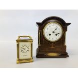 A BRASS MAPPIN & WEBB CARRIAGE CLOCK H 12CM, ALONG WITH MAHOGANY MANTEL CLOCK H 24CM.