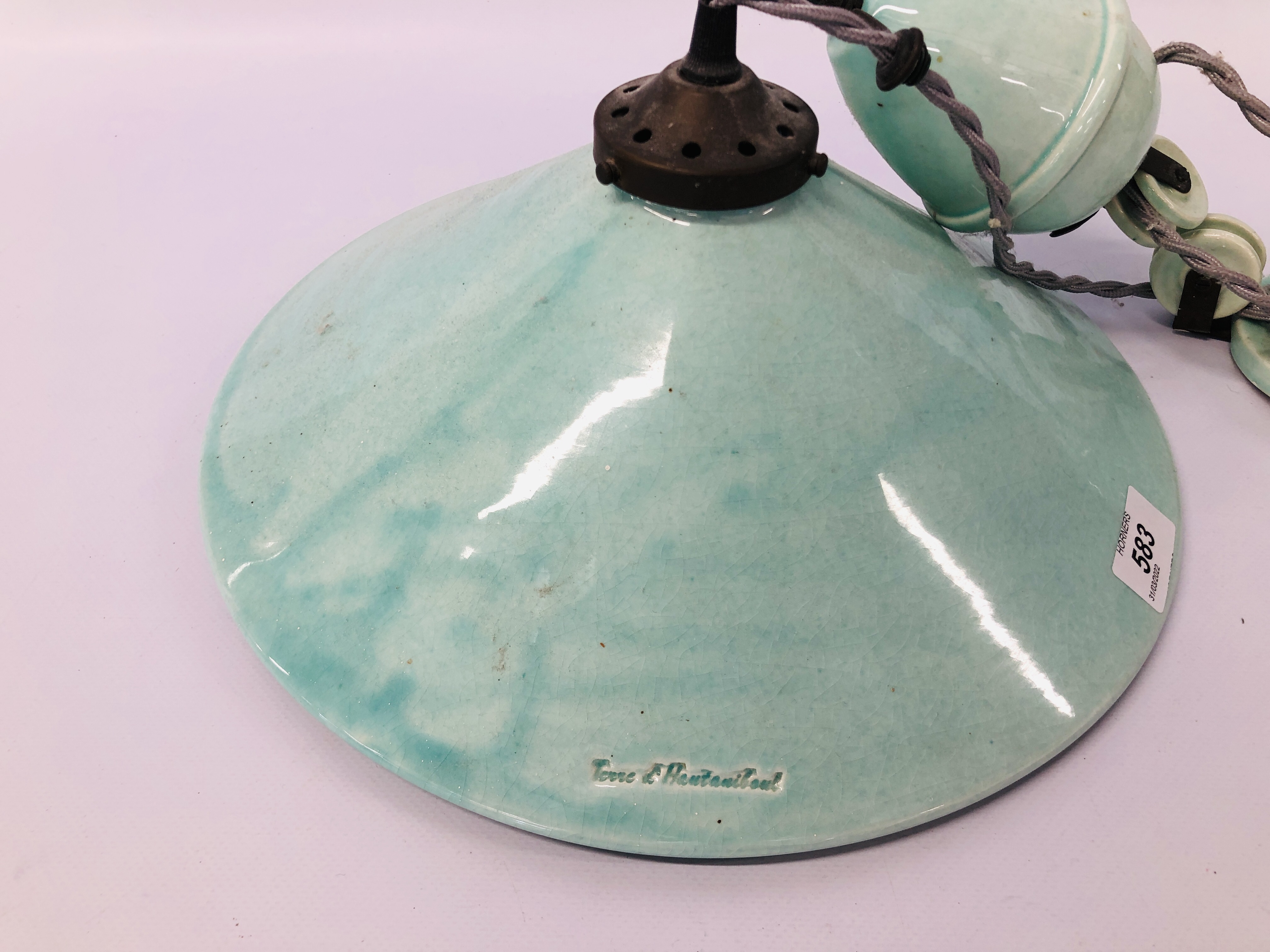 VINTAGE FRENCH TERRE D'HAUTANIBOUT CERAMIC GLAZED RISE AND FALL CEILING LIGHT. - Image 3 of 8