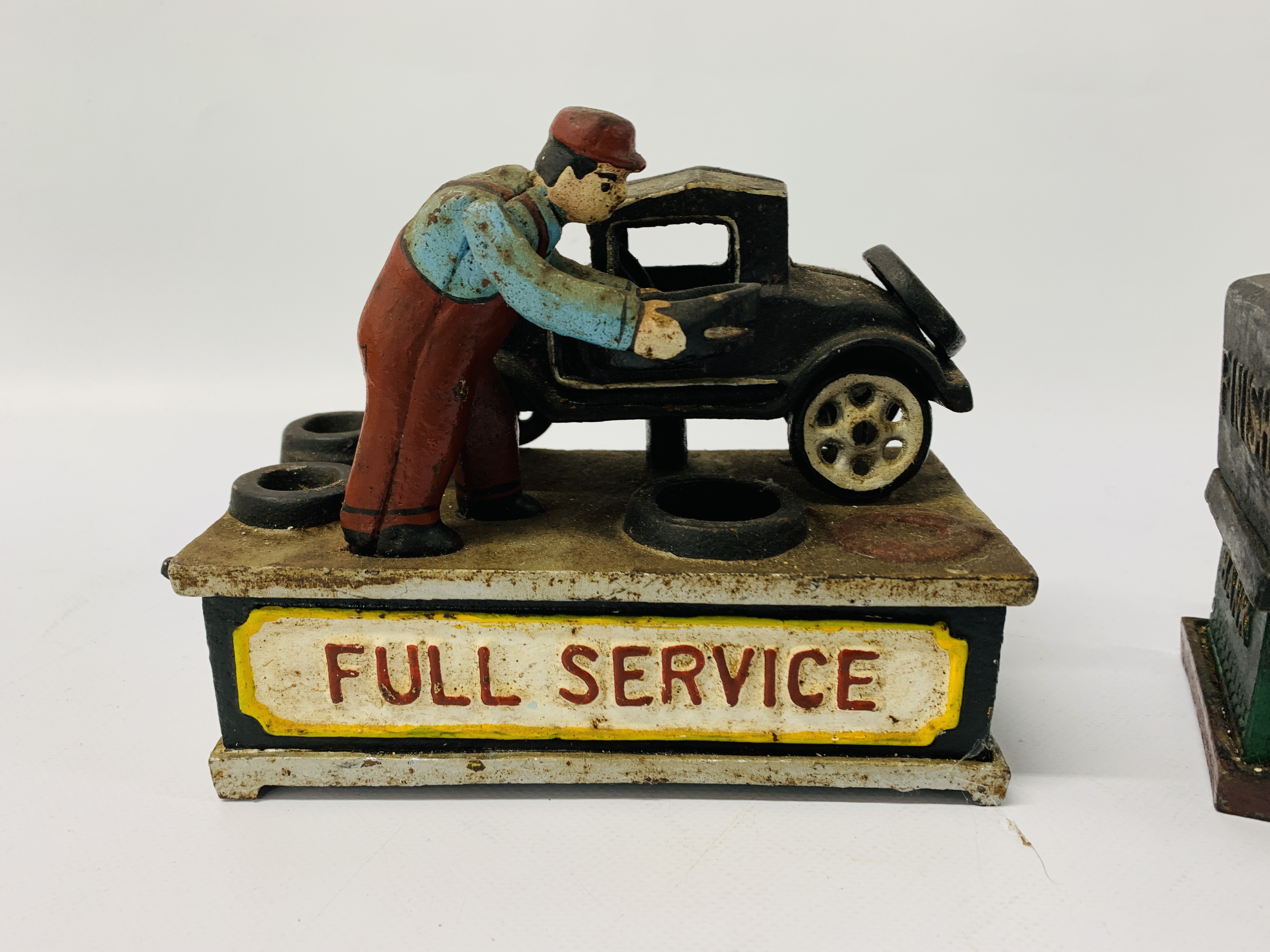 TWO REPRODUCTION CAST METAL MONEY BANKS RACER AND FULL SERVICE - Image 3 of 3