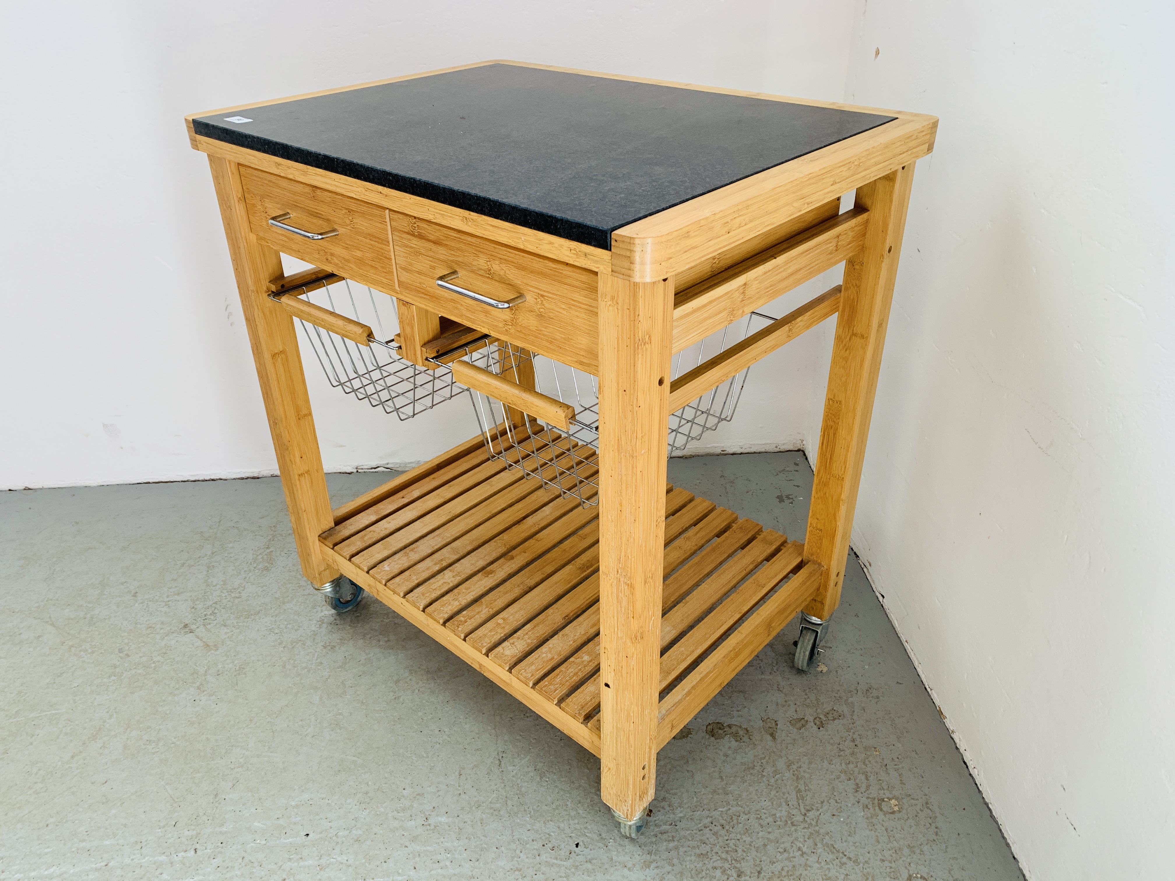 A TWO DRAWER KITCHEN WORKSTATION WITH SOLID GRANITE PREPARATION TOP, WHEELED. - Image 2 of 11