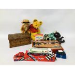 BOX OF VINTAGE TOYS TO INCLUDE BLOW FOOTBALL, LOTTS BRICKS IN CARVED WOODEN BOX, CORGI TANKER,