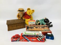 BOX OF VINTAGE TOYS TO INCLUDE BLOW FOOTBALL, LOTTS BRICKS IN CARVED WOODEN BOX, CORGI TANKER,