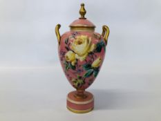 VINTAGE OPAQUE GLASS TWO HANDLED URN/VASE AND COVER ON A PINK BACKGROUND HANDPAINTED FLORAL