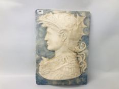 PLASTER PLAQUE DEPICTING A CENTURION H 48CM X W 35CM.