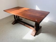 A HARDWOOD REFECTORY STYLE DINING TABLE 183CM X 92CM.