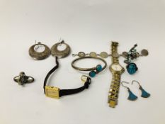 COLLECTION OF ETHNIC WHITE METAL JEWELLERY TO INCLUDE EARRINGS AND A BRACELET ALONG WITH A SCARAB