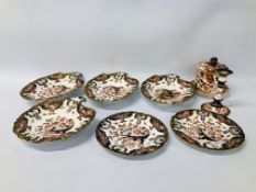 COLLECTION OF ROYAL CROWN DERBY TO INCLUDE A CANDLE STICK, 4 DECORATIVE DISHES,