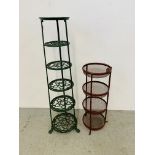 A GREEN PAINTED CAST METAL SIX TIER PAN STAND HEIGHT 122CM AND A RED PAINTED WROUGHT METAL FOUR