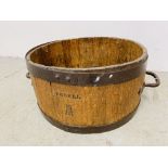 AN ANTIQUE OAK METAL BOUND MEASURING BUSHEL STAMPED ER 146 DIAMETER 49CM, HEIGHT 25CM.