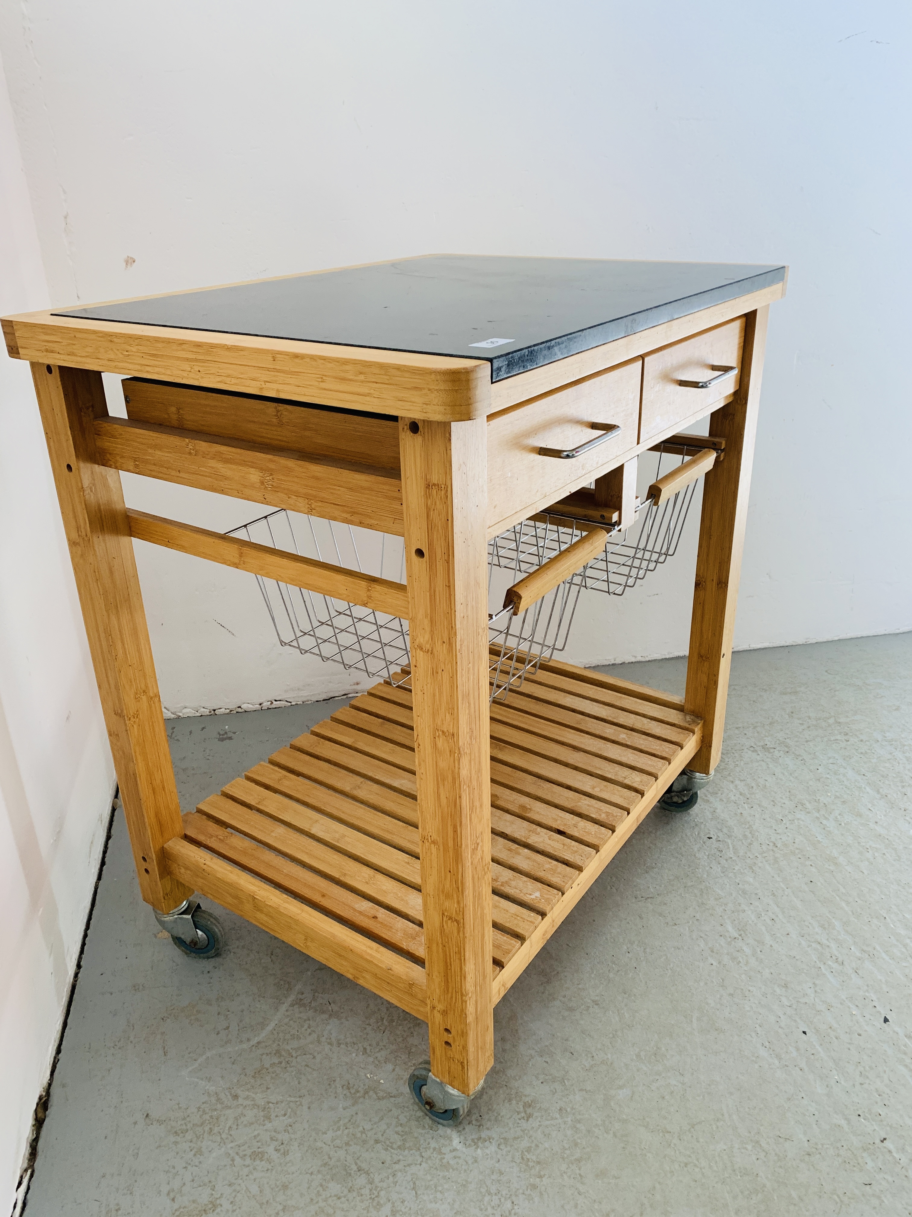 A TWO DRAWER KITCHEN WORKSTATION WITH SOLID GRANITE PREPARATION TOP, WHEELED. - Image 11 of 11