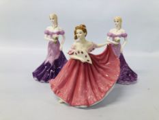 2 X COALPORT BONE CHINA FIGURES, "SENTIMENTS" JUST FOR YOU AND ROYAL DOULTON PRETTY LADIES "ELAINE".