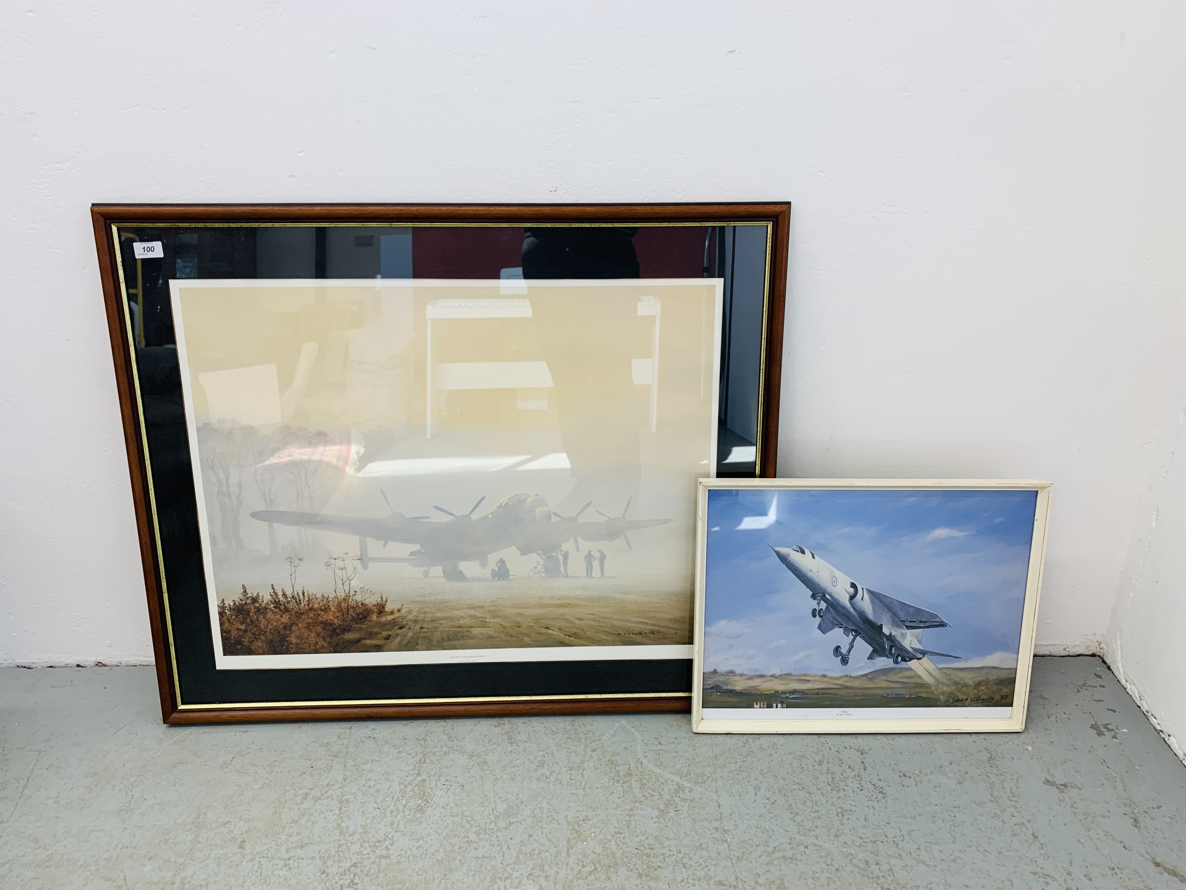 FRAMED "OFF DUTY LANCASTER AT REST" PRINT ALONG WITH A FRAMED "TSR2" PRINT BY SEAN ALBERTS.