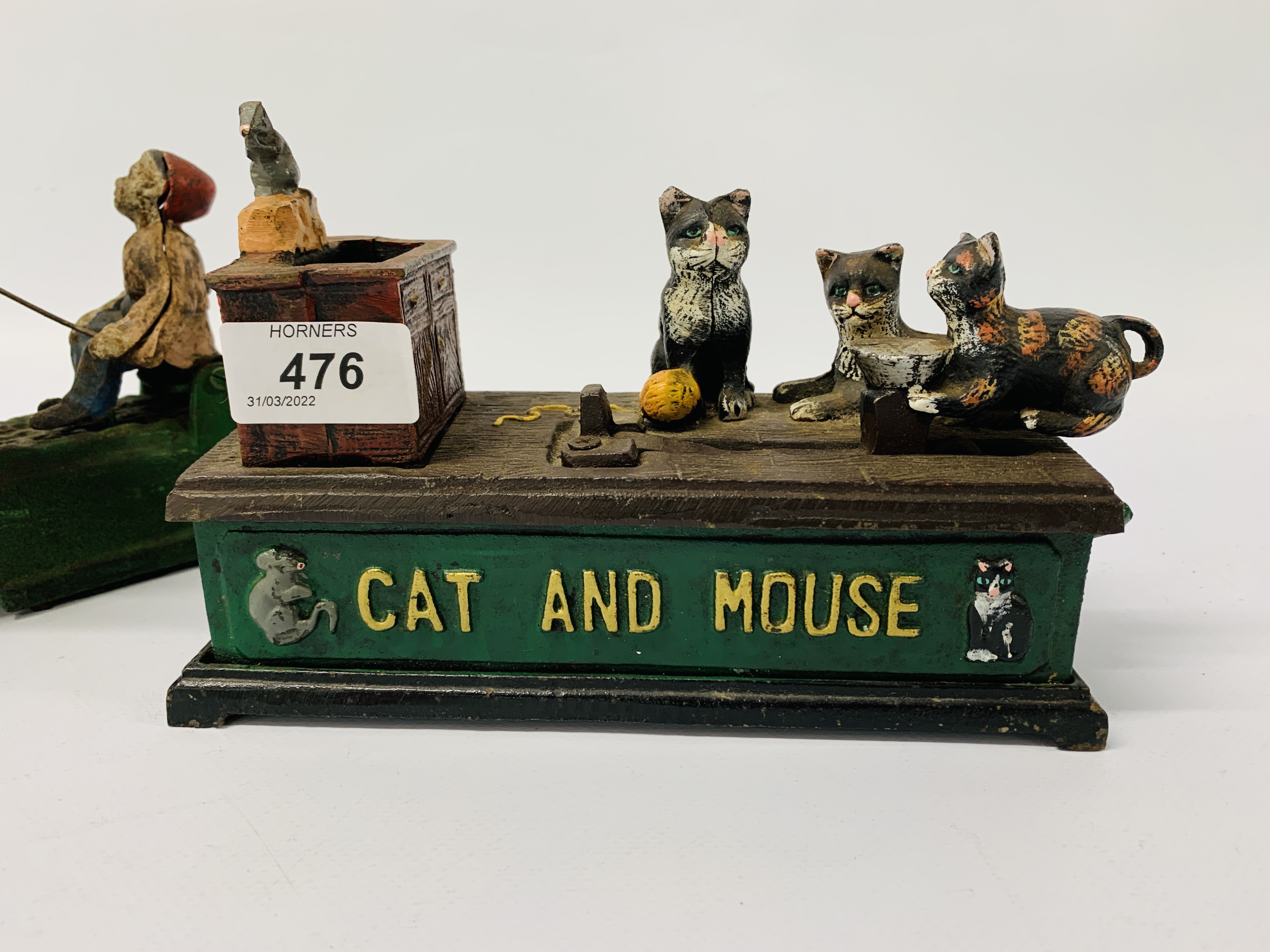 TWO REPRODUCTION CAST METAL MONEY BANKS CAT AND MOUSE, - Image 2 of 3