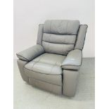 A MODERN GREY LEATHER RECLINER CHAIR.