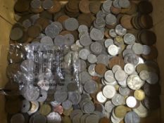 BOX MIXED COINS WITH A FEW SILVER, ALSO PACKET OF CIRCULATED BANKNOTES.