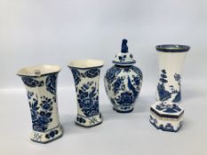 PAIR OF DELFT VASES 444 (1 HAVING RIM CHIP) ALONG WITH A DELFT LIDDED URN 445 AND A ROYAL DOULTON