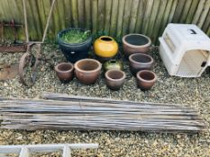 A COLLECTION OF STONEWARE AND GLAZED GARDEN PLANTING POTS (9 PIECES) PLUS BAMBOO CANES