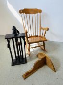 MODERN ROCKING CHAIR, HARDWOOD ETHNIC CD STAND, PINE WALL BRACKET.