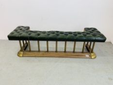 A BRASS FIRE CURB SEAT, THE GREEN LEATHER BUTTON BACK SEAT REQUIRING RESTORATION - MAX.