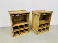 A PAIR OF RUSTIC PINE WINE BOTTLE AND GLASS HOLDERS