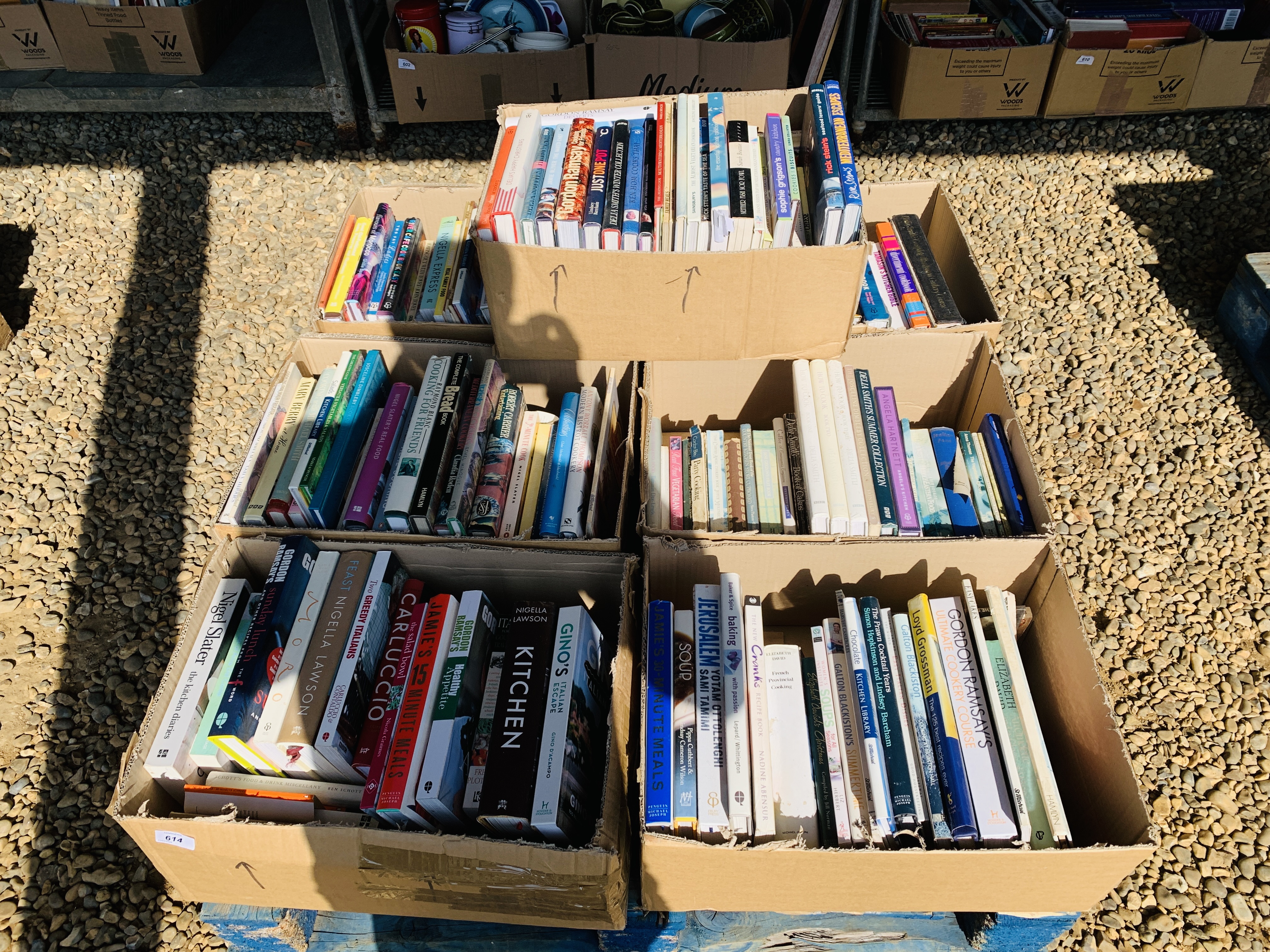 7 BOXES CONTAINING GOOD QUALITY COOKERY BOOKS TO INCLUDE JAMIE OLIVER, NIGELA LAWSON, GORDON RAMSEY,