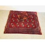 A VINTAGE AZTEC DESIGN RUG ON MAINLY RED BACKGROUND 106CM X 124CM ALONG WITH A CARPET PILLOW.