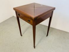 AN EDWARDIAN MAHOGANY "ENVELOPE" CARD TABLE 54CM. X 54CM.