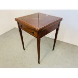 AN EDWARDIAN MAHOGANY "ENVELOPE" CARD TABLE 54CM. X 54CM.