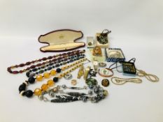 BOX OF ASSORTED COSTUME JEWELLERY AND BEADS, WRIST WATCHES, POTTERY PENDANT "BUTE",