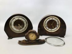 2 X VINTAGE OAK FINISH MANTEL CLOCKS (ONE REQUIRES ATTENTION) + ONE SMALL WIND UP MANTEL CLOCK.