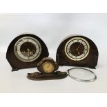 2 X VINTAGE OAK FINISH MANTEL CLOCKS (ONE REQUIRES ATTENTION) + ONE SMALL WIND UP MANTEL CLOCK.