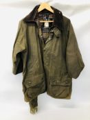 A BARBOUR BEAUFORT GREEN WAXED COTTON JACKET A SCAFF.