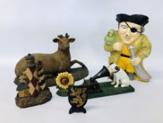 FOUR REPRODUCTION CAST DOORSTOPS TO INCLUDE PIRATE, SUNFLOWER,