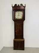 AN OAK AND MAHOGANY LONG CASE CLOCK, THE HAND PAINTED DIAL MARKED RICH'D GRIFFITH DENBIGH,