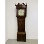 AN OAK AND MAHOGANY LONG CASE CLOCK, THE HAND PAINTED DIAL MARKED RICH'D GRIFFITH DENBIGH,