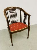 A MAHOGANY EDWARDIAN STRUNG BACK TUB CHAIR