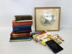 BOX OF ASSORTED VINTAGE BOOKS AND TEA CARD ALBUMS TO INCLUDE "THE RACE INTO SPACE",