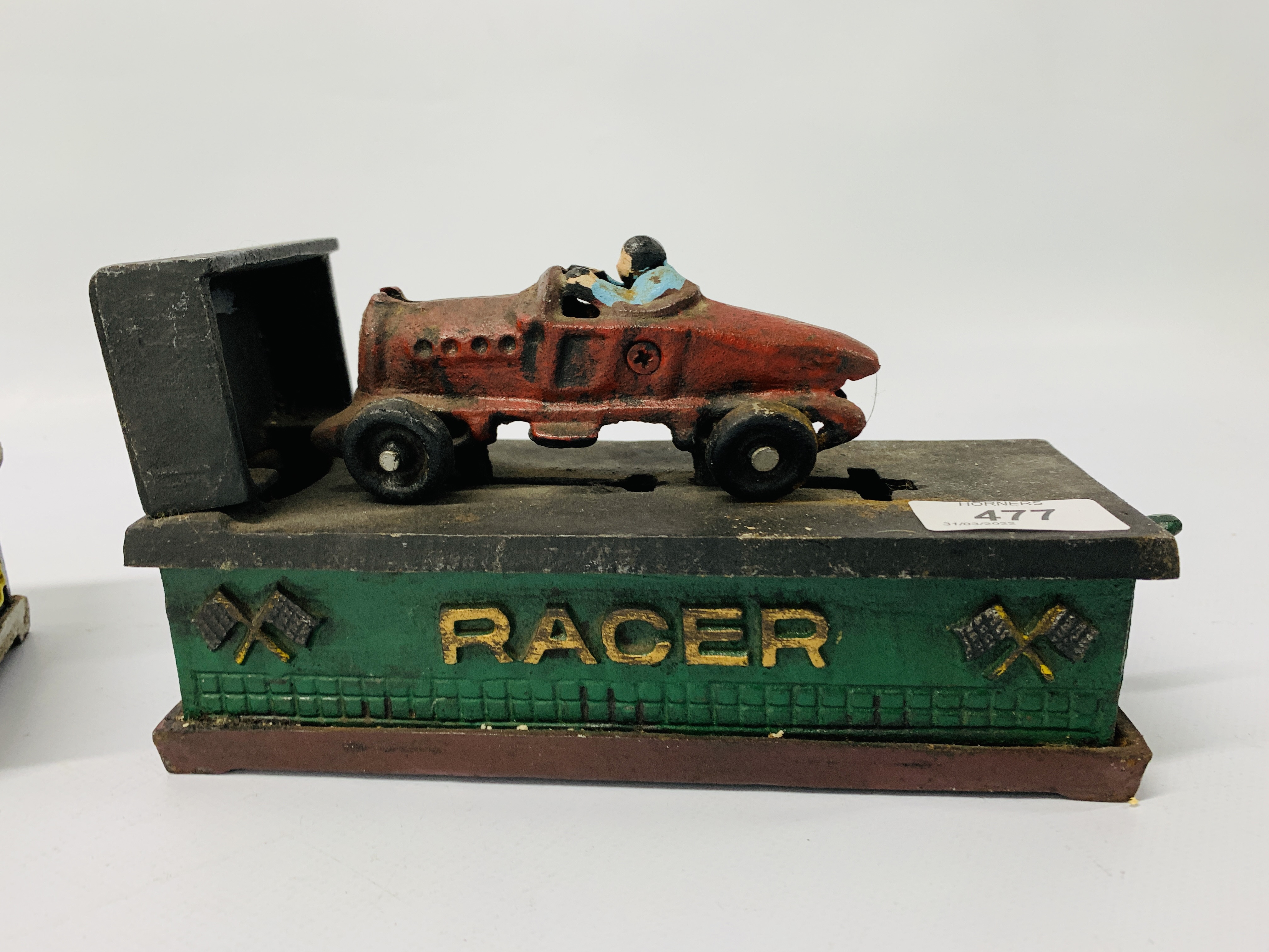 TWO REPRODUCTION CAST METAL MONEY BANKS RACER AND FULL SERVICE - Image 2 of 3