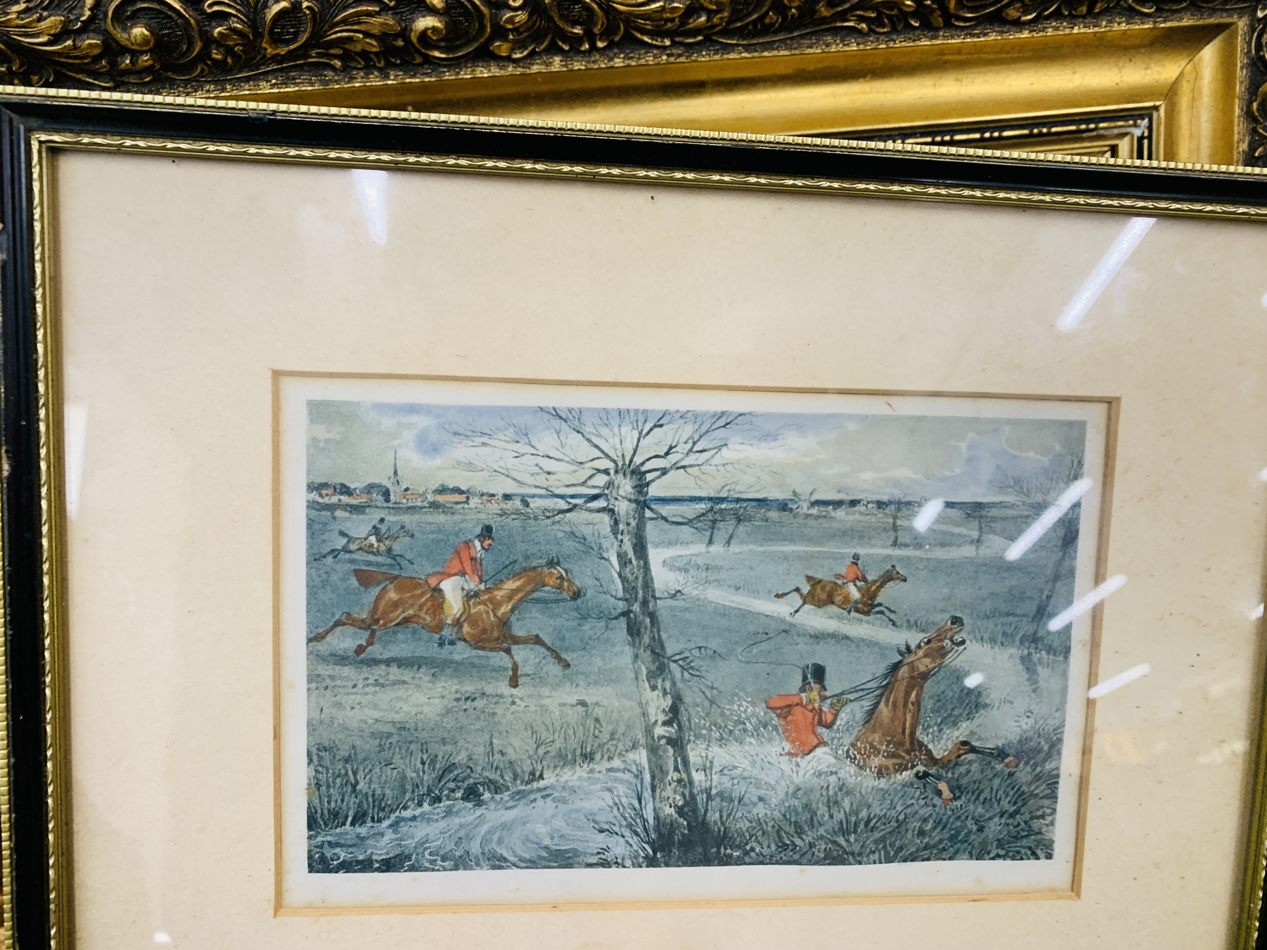 TWO BOXES CONTAINING ASSORTED PRINTS AND PICTURES TO INCLUDE HORSE RACING, COACHING, HUNTING, - Image 5 of 14