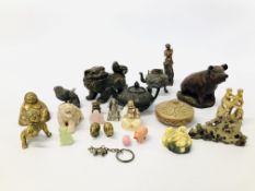 A COLLECTION OF ETHNIC STUDIES TO INCLUDE BRASS BUDDHA, HARDSTONE REPRODUCTION FU DOG, PIG,