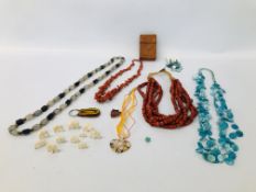 COLLECTION OF ETHNIC NECKLACES TO INCLUDE A LARGE CERAMIC EXAMPLE ALONG WITH A CORAL STRAND