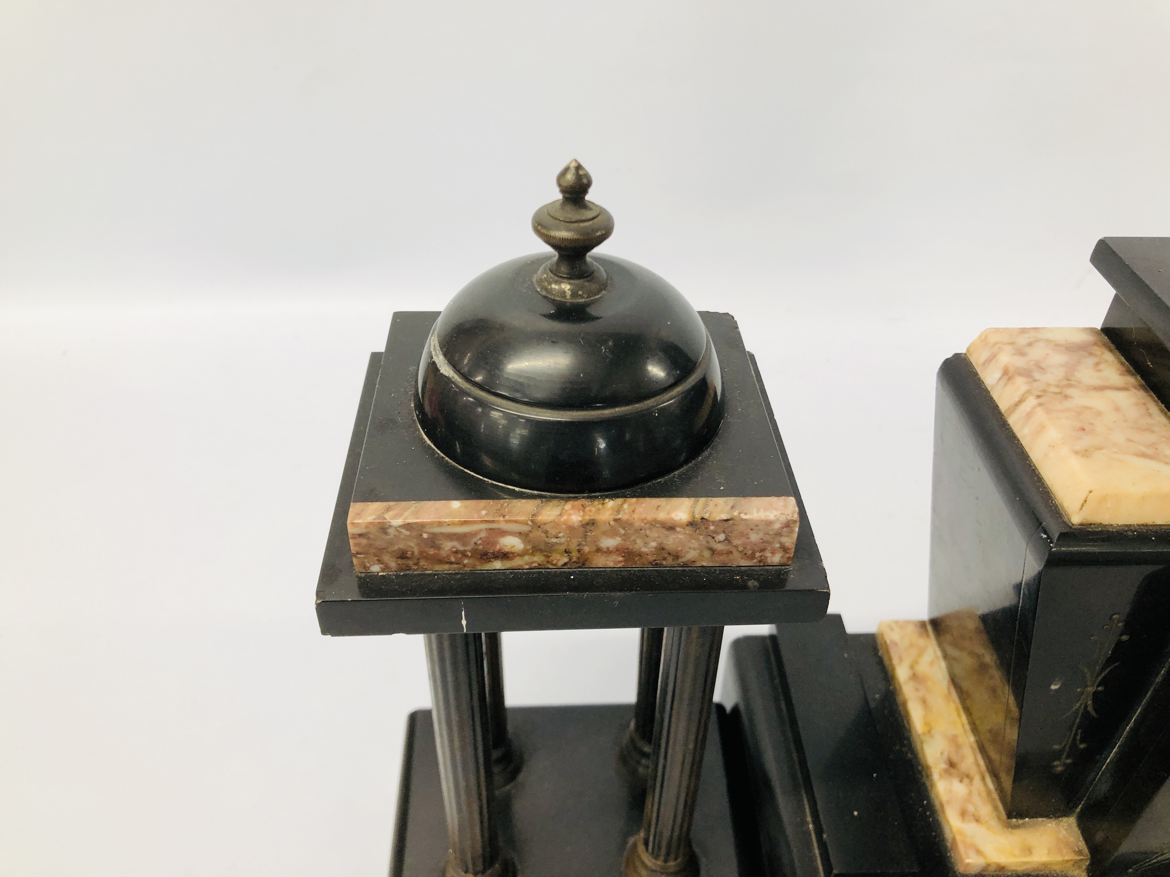 VINTAGE SLATE AND MARBLE MANTEL CLOCK AND GARNITURES MARKED F.H.T. - Image 8 of 12