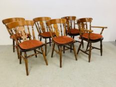 A SET OF 6 PINE DINING CHAIRS WITH FRET WORK DETAIL (4 CHAIRS, 2 CARVERS).