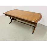 A REPRODUCTION RECTANGULAR LYRE END COFFEE TABLE WITH TOOLED TAN LEATHER TO TOP