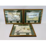 SET OF THREE FRAMED R.A.F. PRINTS TO INCLUDE VICTORY OVER DUNKIRK, MORAL SUPPORT AND DUEL OF EAGLES.